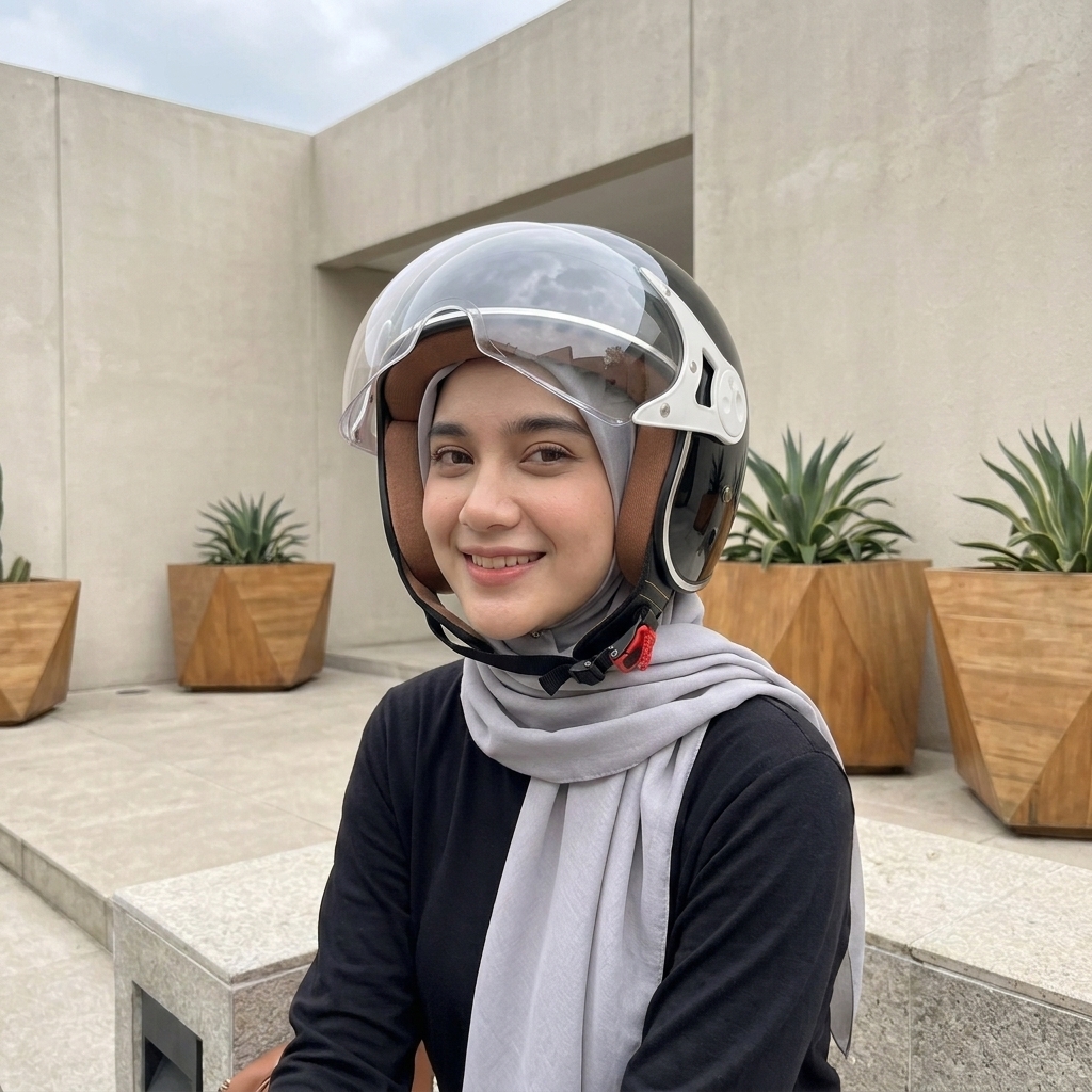 Retrograde Helm Bogo Hijab Friendly SNI Wanita Pastel Estetik Premium Black - Gambar 2
