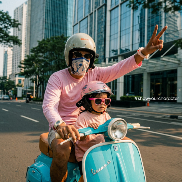 Pengendara dan anaknya di atas Vespa tosca memakai helm Retrograde