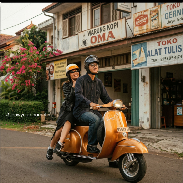 Sepasang pengendara di atas Vespa oranye di depan warung kopi